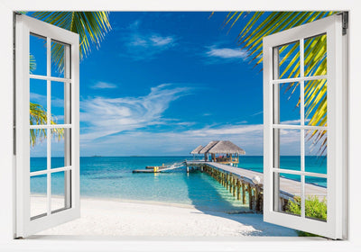 Window Scape Beach Pier White Sand over white Sand #30, Window Decal, Sticker Sunset, Removable, Fabric, Window Frame, Office,