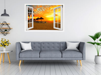 Window Scape Beach Sunset #11 Window Decal Sticker Sunset Lake Removable Fabric Window Frame Office Bedroom 3D