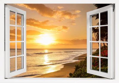 Window Scape Beach Sunset #15 Window Decal Sticker Sunset Lake Removable Fabric Window Frame Office Bedroom 3D