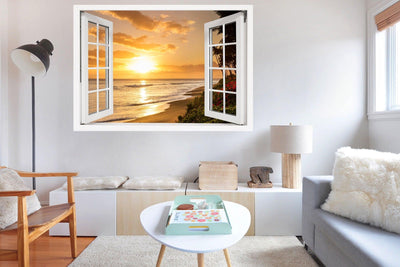 Window Scape Beach Sunset #15 Window Decal Sticker Sunset Lake Removable Fabric Window Frame Office Bedroom 3D