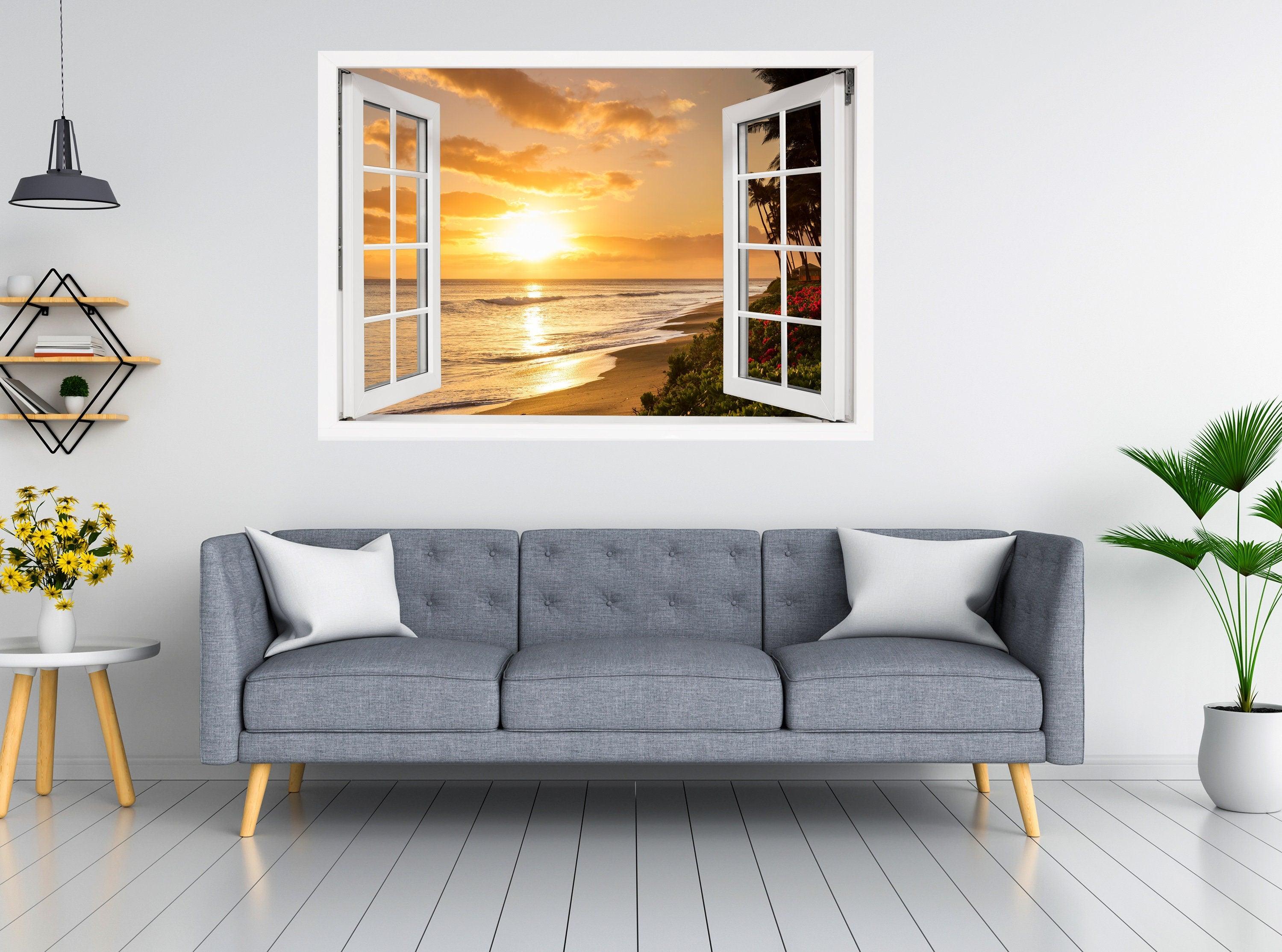Window Scape Beach Sunset #15 Window Decal Sticker Sunset Lake Removable Fabric Window Frame Office Bedroom 3D