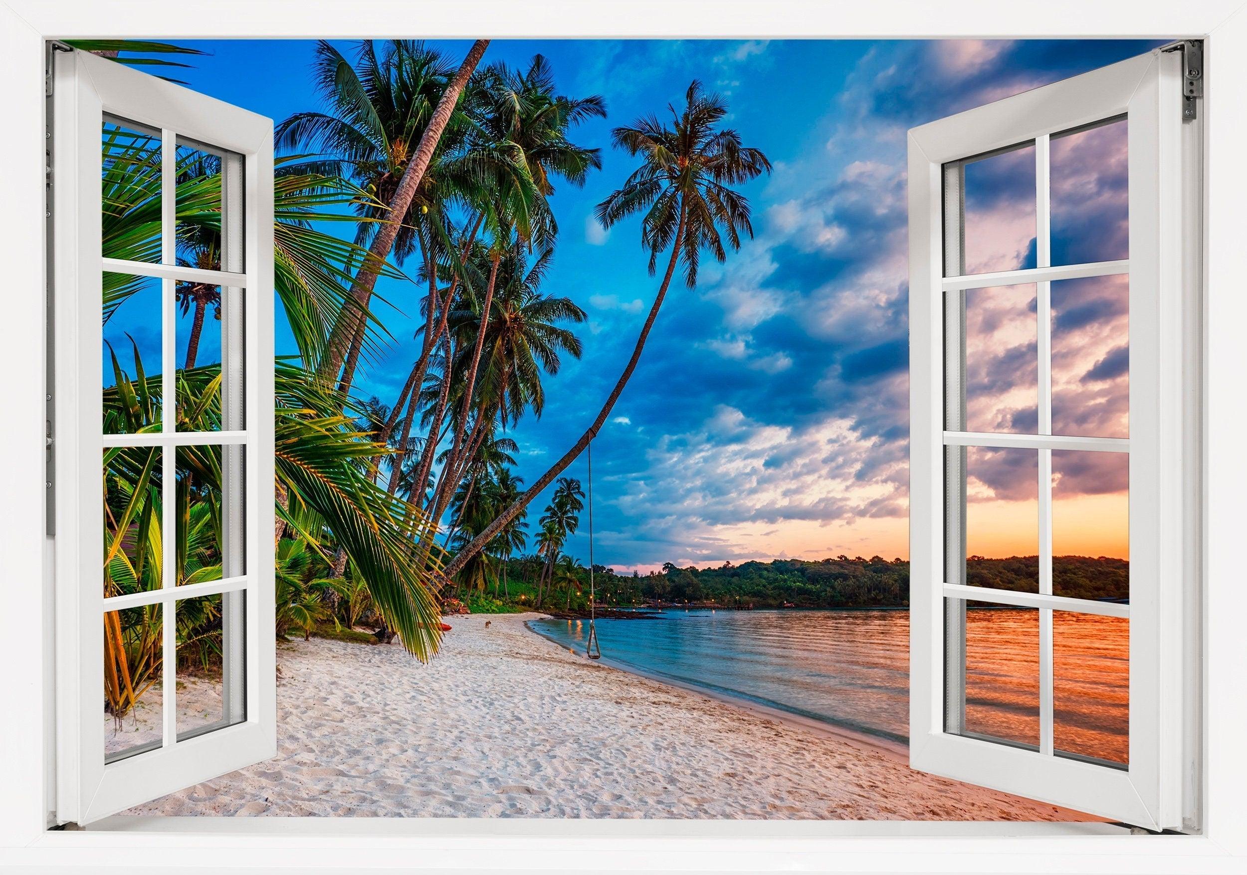Window Scape Beach Swing Sunset #12 Window Decal Sticker Sunset Lake Removable Fabric Window Frame Office Bedroom 3D