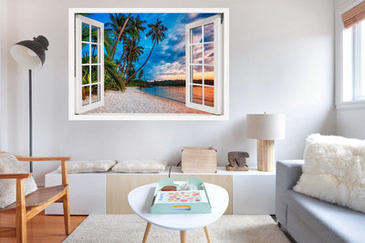 Window Scape Beach Swing Sunset #12 Window Decal Sticker Sunset Lake Removable Fabric Window Frame Office Bedroom 3D