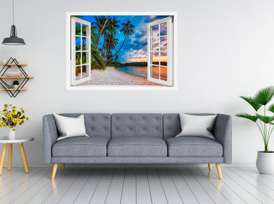 Window Scape Beach Swing Sunset #12 Window Decal Sticker Sunset Lake Removable Fabric Window Frame Office Bedroom 3D