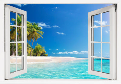 Window Scape Beach White Sand emerald water #31, Window Decal, Sticker Sunset, Removable, Fabric, Window Frame, Office,