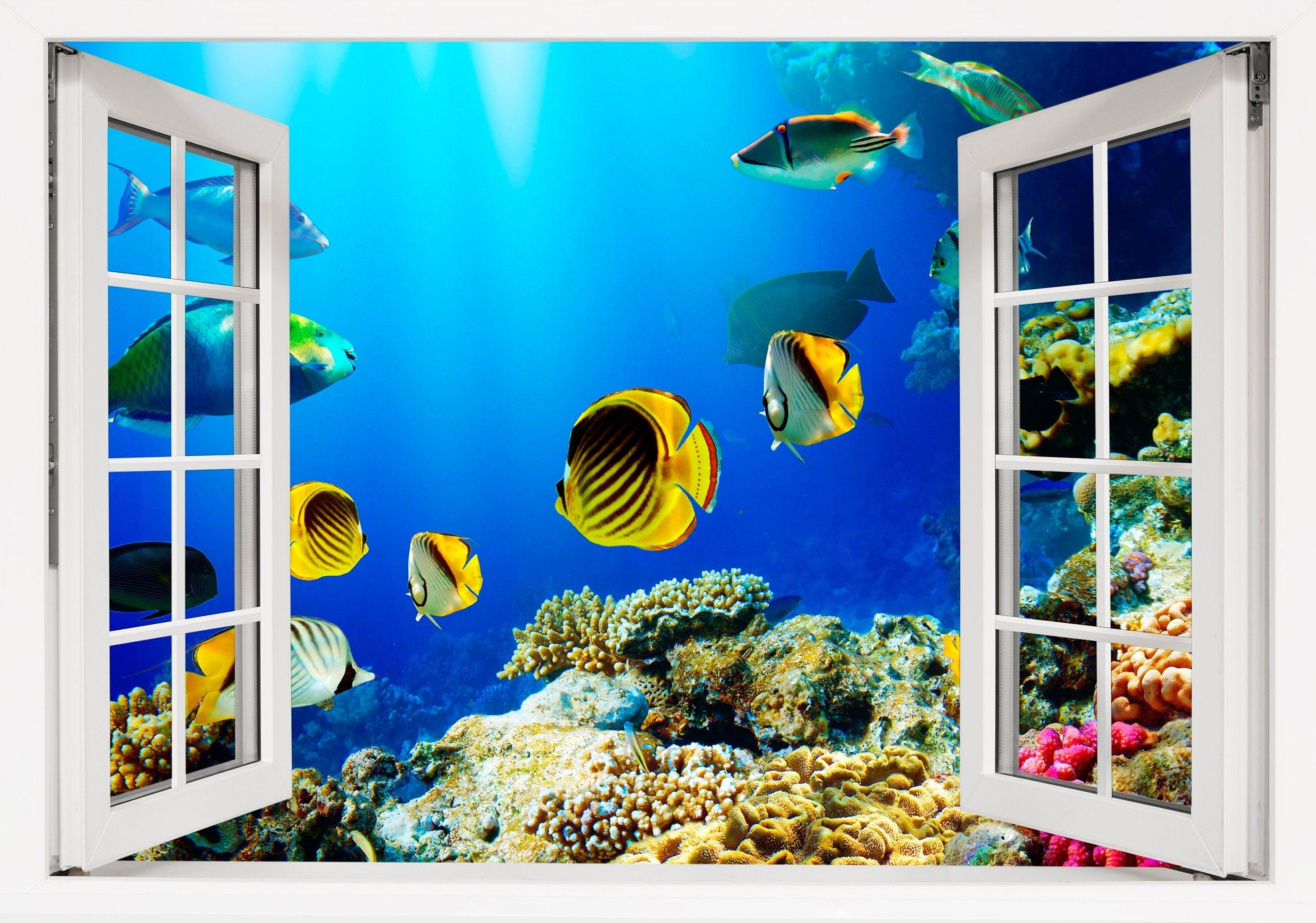 Window Scape Fish Tank #10 Window Decal Sticker Fish Removable Fabric Window Frame Office Bedroom 3D
