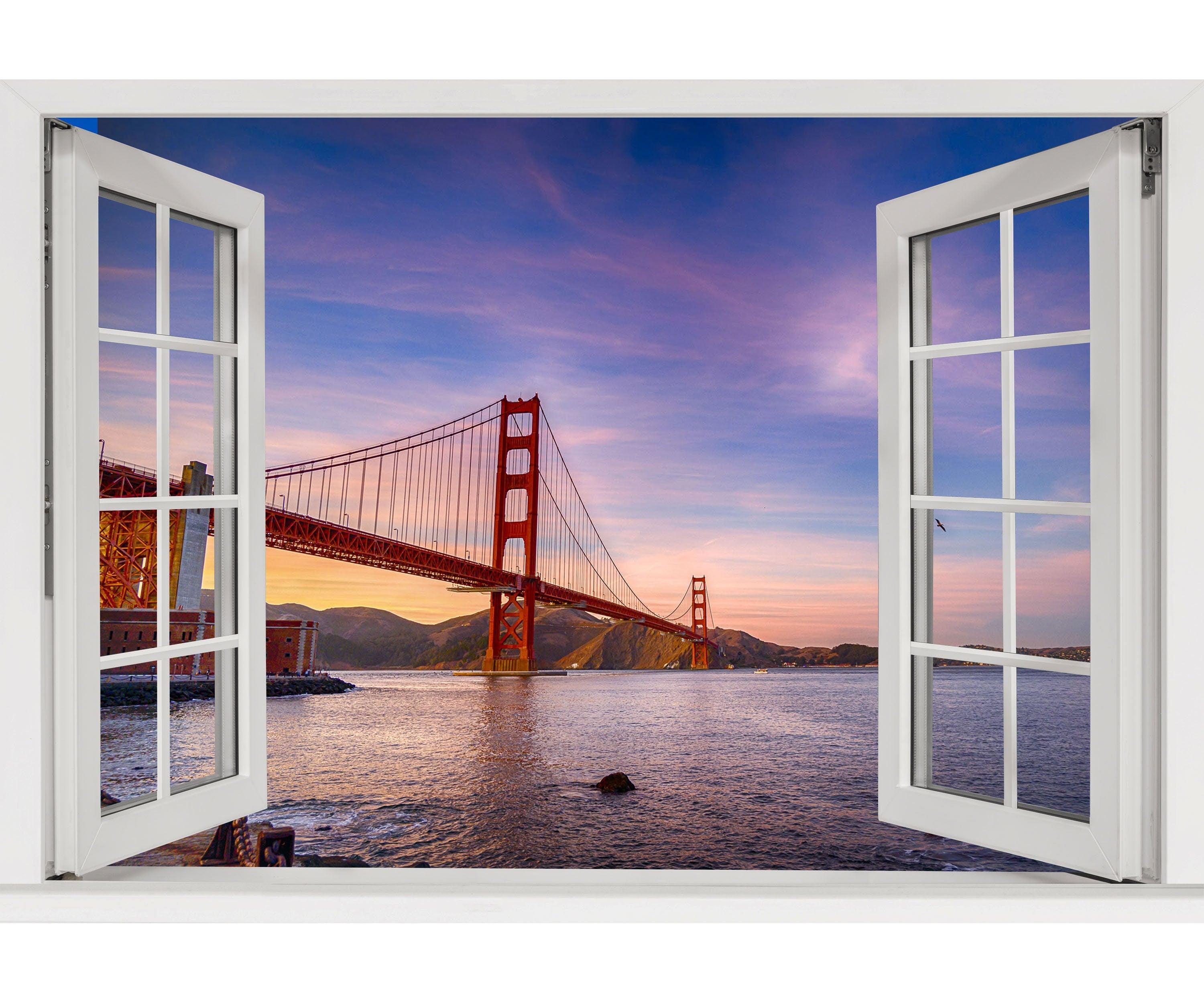 Window Scape Golden Gate Bridge #2 Window Decal Sticker Mural Removable Fabric Window Frame Office Bedroom 3D
