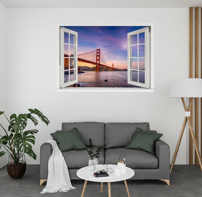 Window Scape Golden Gate Bridge #2 Window Decal Sticker Mural Removable Fabric Window Frame Office Bedroom 3D