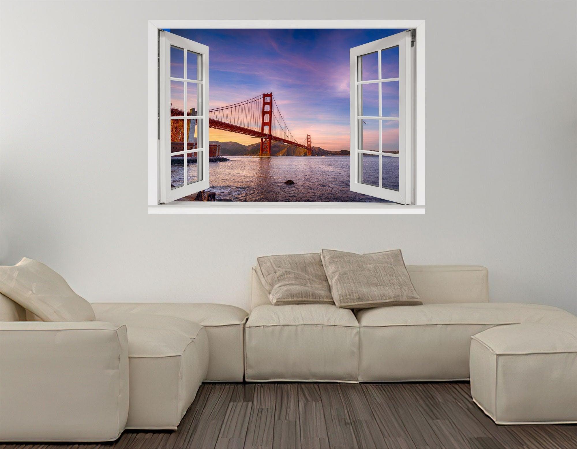 Window Scape Golden Gate Bridge #2 Window Decal Sticker Mural Removable Fabric Window Frame Office Bedroom 3D