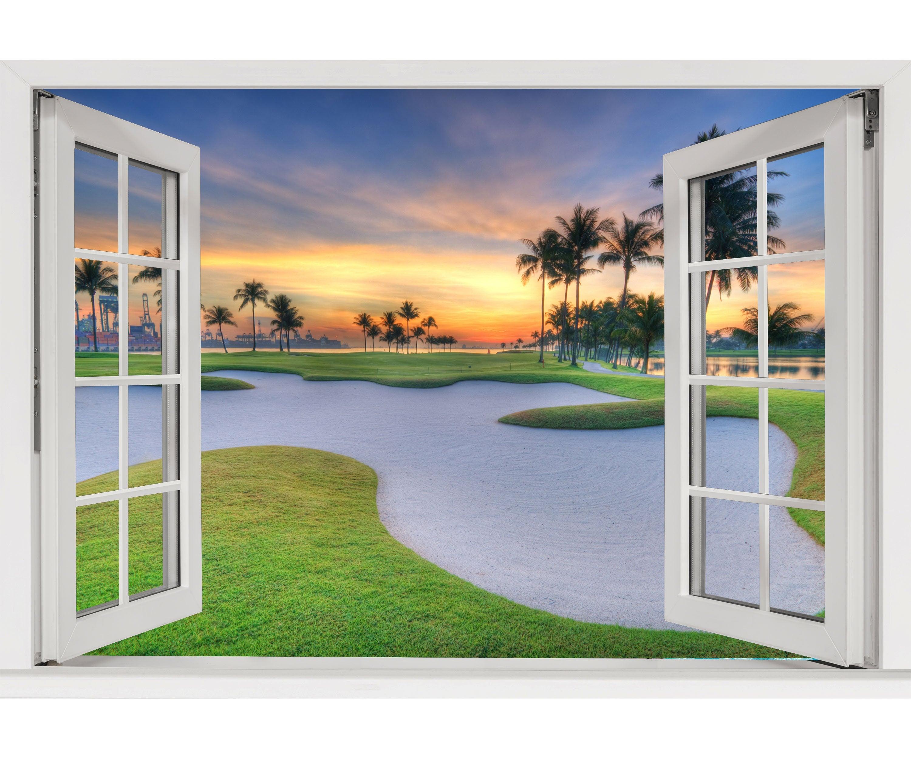 Window Scape Golf #8 Window Decal Sticker Mural Sand Trap Removable Fabric Window Frame Office Bedroom 3D