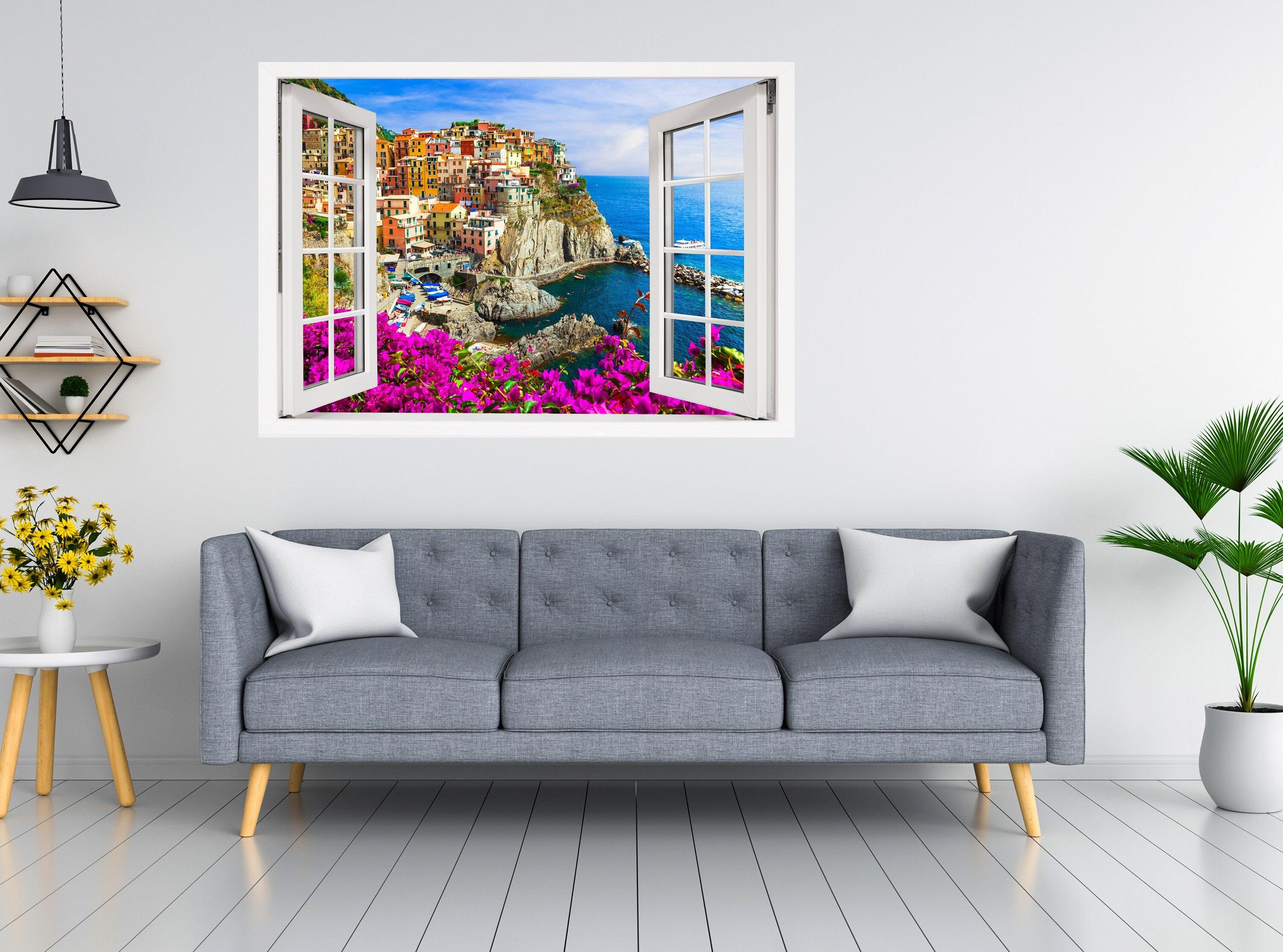 Window Scape Italian Coast #26, Window Decal, Sticker Sunset, Removable, Fabric, Window Frame, Office, Bedroom, 3D