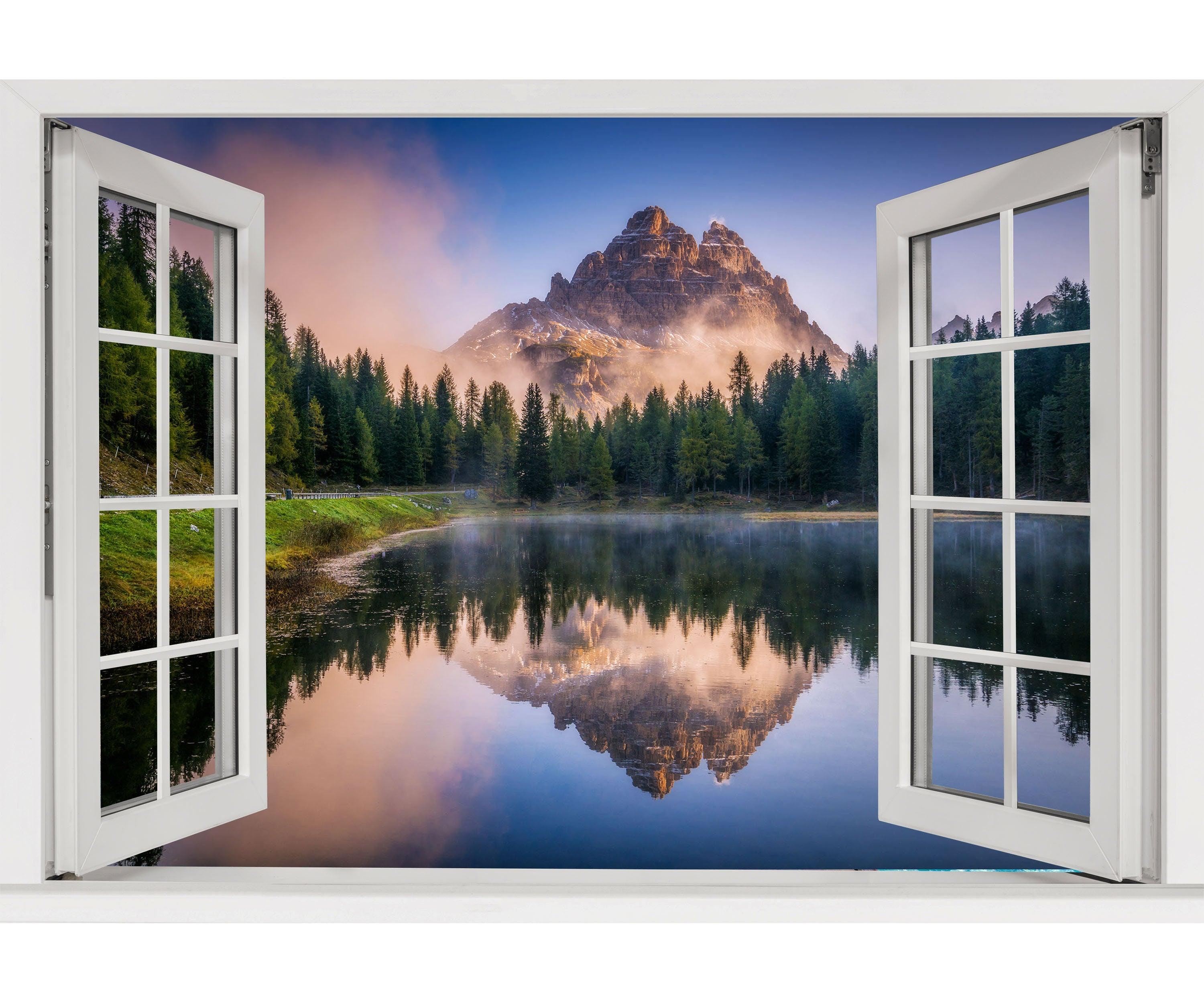Window Scape Mountain #5 Window Decal Sticker Mural Lake Removable Fabric Window Frame Office Bedroom 3D