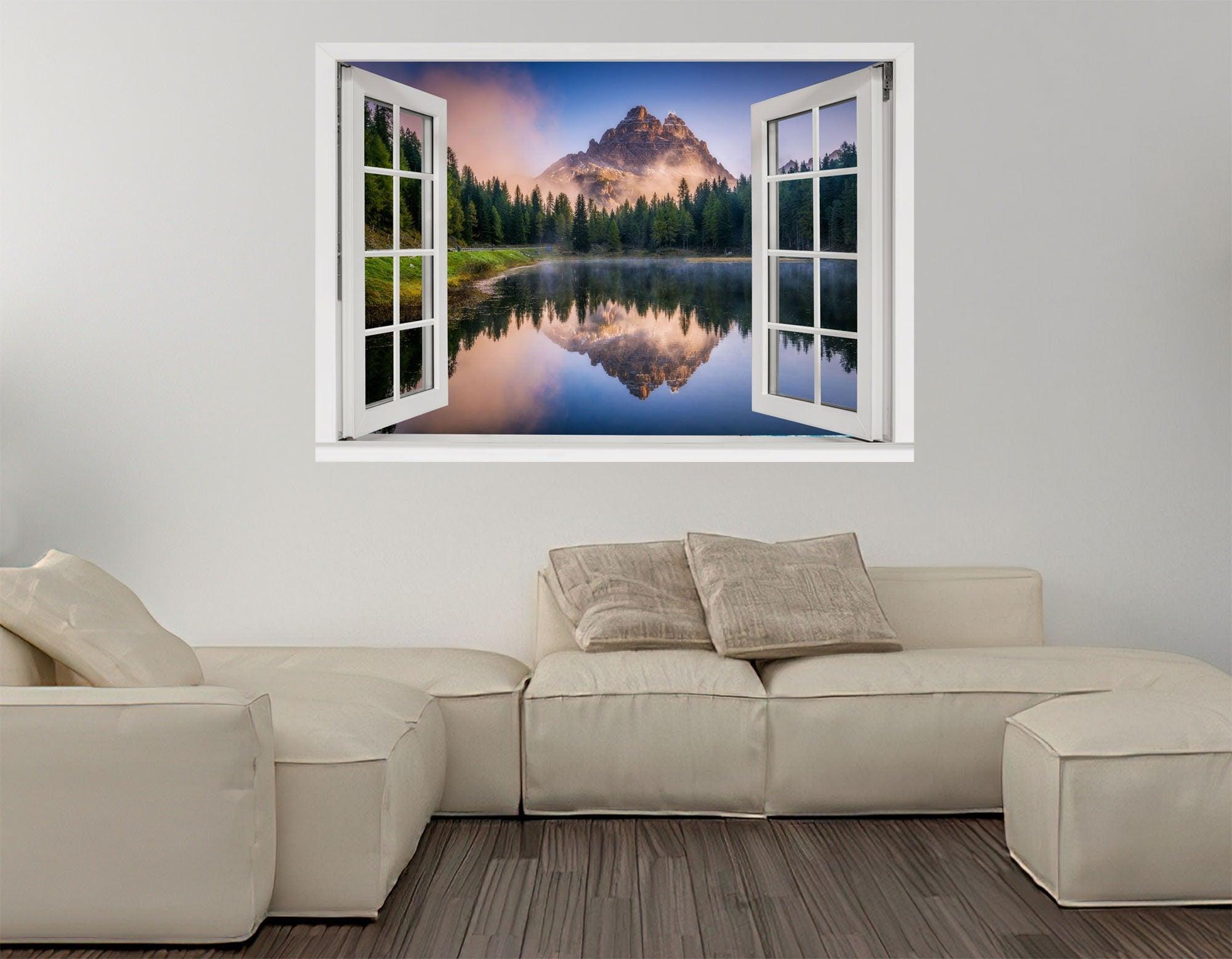 Window Scape Mountain #5 Window Decal Sticker Mural Lake Removable Fabric Window Frame Office Bedroom 3D