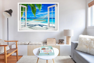 Window Scape Palm Tree Hammock Emerald water #23, Window Decal, Sticker Sunset, Removable, Fabric, Window Frame, Office,Bedroom, 3D