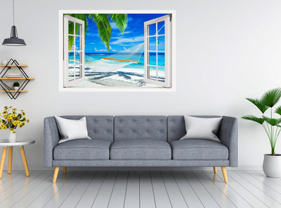 Window Scape Palm Tree Hammock Emerald water #23, Window Decal, Sticker Sunset, Removable, Fabric, Window Frame, Office,Bedroom, 3D