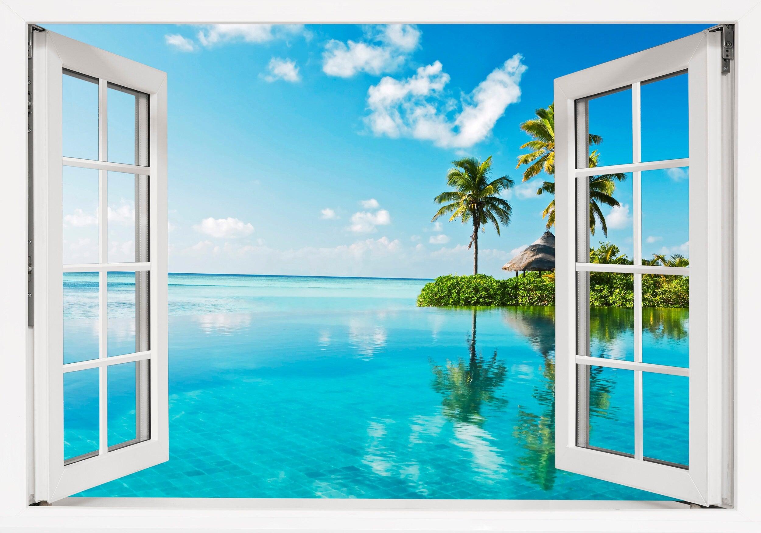 Window Scape Palm Tree Island Emerald water #21, Window Decal, Sticker Sunset, Removable, Fabric, Window Frame, Office,Bedroom, 3D