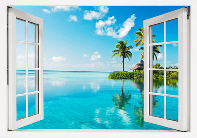 Window Scape Palm Tree Island Emerald water #21, Window Decal, Sticker Sunset, Removable, Fabric, Window Frame, Office,Bedroom, 3D