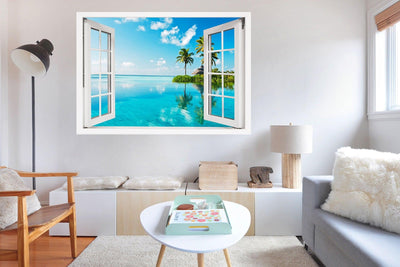 Window Scape Palm Tree Island Emerald water #21, Window Decal, Sticker Sunset, Removable, Fabric, Window Frame, Office,Bedroom, 3D