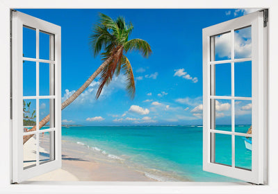 Window Scape Palm Tree over Beach and blue water #20, Window Decal, Sticker Sunset, Removable, Fabric, Window Frame, Office,Bedroom, 3D