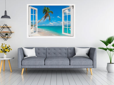 Window Scape Palm Tree over Beach and blue water #20, Window Decal, Sticker Sunset, Removable, Fabric, Window Frame, Office,Bedroom, 3D