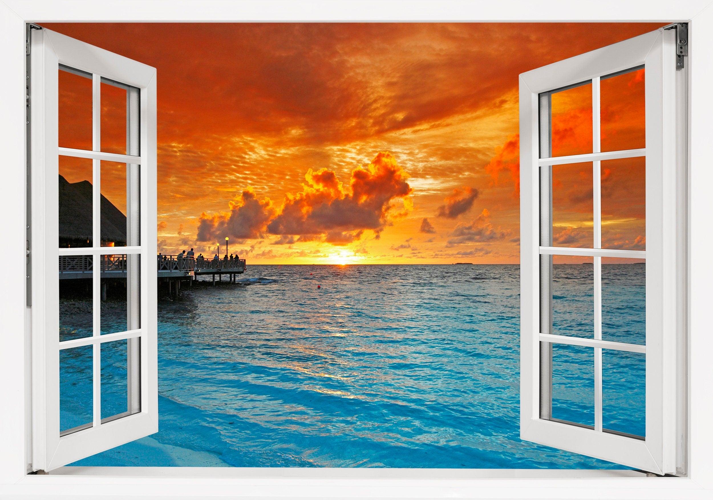 Window Scape Sunset over Pier #24, Window Decal, Sticker Sunset, Removable, Fabric, Window Frame, Office,Bedroom, 3D