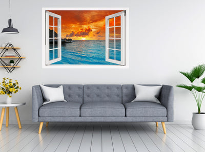 Window Scape Sunset over Pier #24, Window Decal, Sticker Sunset, Removable, Fabric, Window Frame, Office,Bedroom, 3D