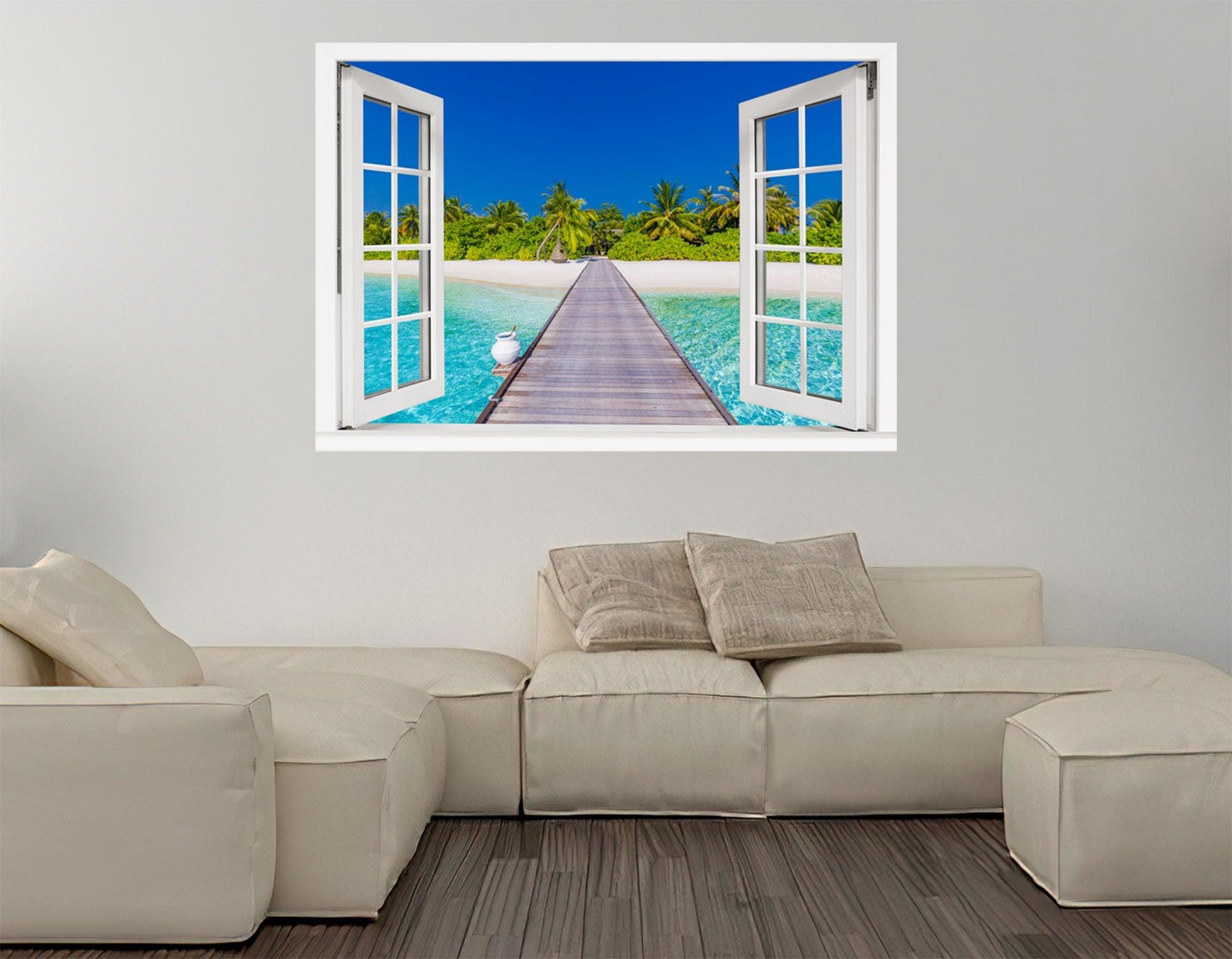Window Scape Tropical #1 Window Decal Sticker Mural Beach Removable Fabric Window Frame Office Bedroom 3D