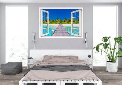 Window Scape Tropical #1 Window Decal Sticker Mural Beach Removable Fabric Window Frame Office Bedroom 3D