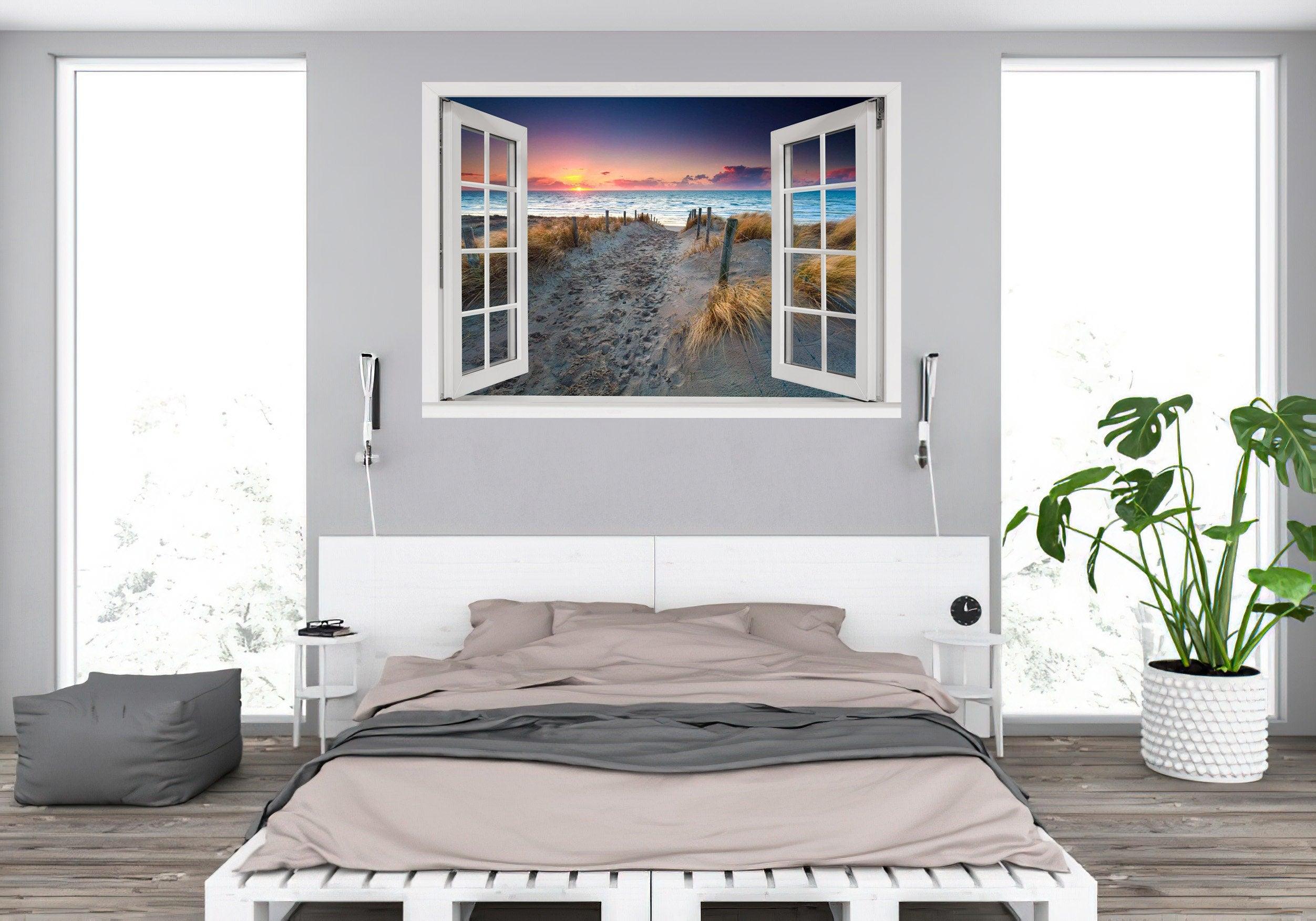 Window Scape Tropical #3 Window Decal Sticker Mural Beach Removable Fabric Window Frame Office Bedroom 3D