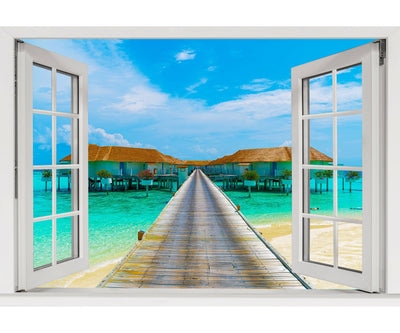 Window Scape Tropical #4 Window Decal Sticker Mural Beach Removable Fabric Window Frame Office Bedroom 3D