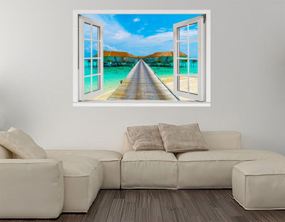 Window Scape Tropical #4 Window Decal Sticker Mural Beach Removable Fabric Window Frame Office Bedroom 3D