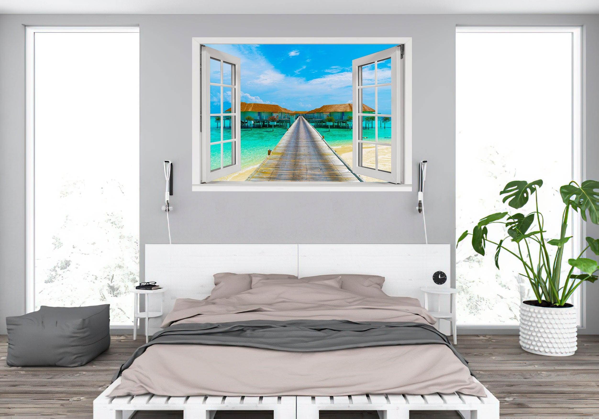 Window Scape Tropical #4 Window Decal Sticker Mural Beach Removable Fabric Window Frame Office Bedroom 3D