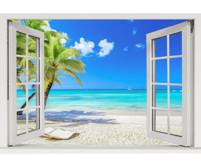 Window Scape Tropical #6 Window Decal Sticker Mural Beach Removable Fabric Window Frame Office Bedroom 3D