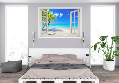 Window Scape Tropical #6 Window Decal Sticker Mural Beach Removable Fabric Window Frame Office Bedroom 3D