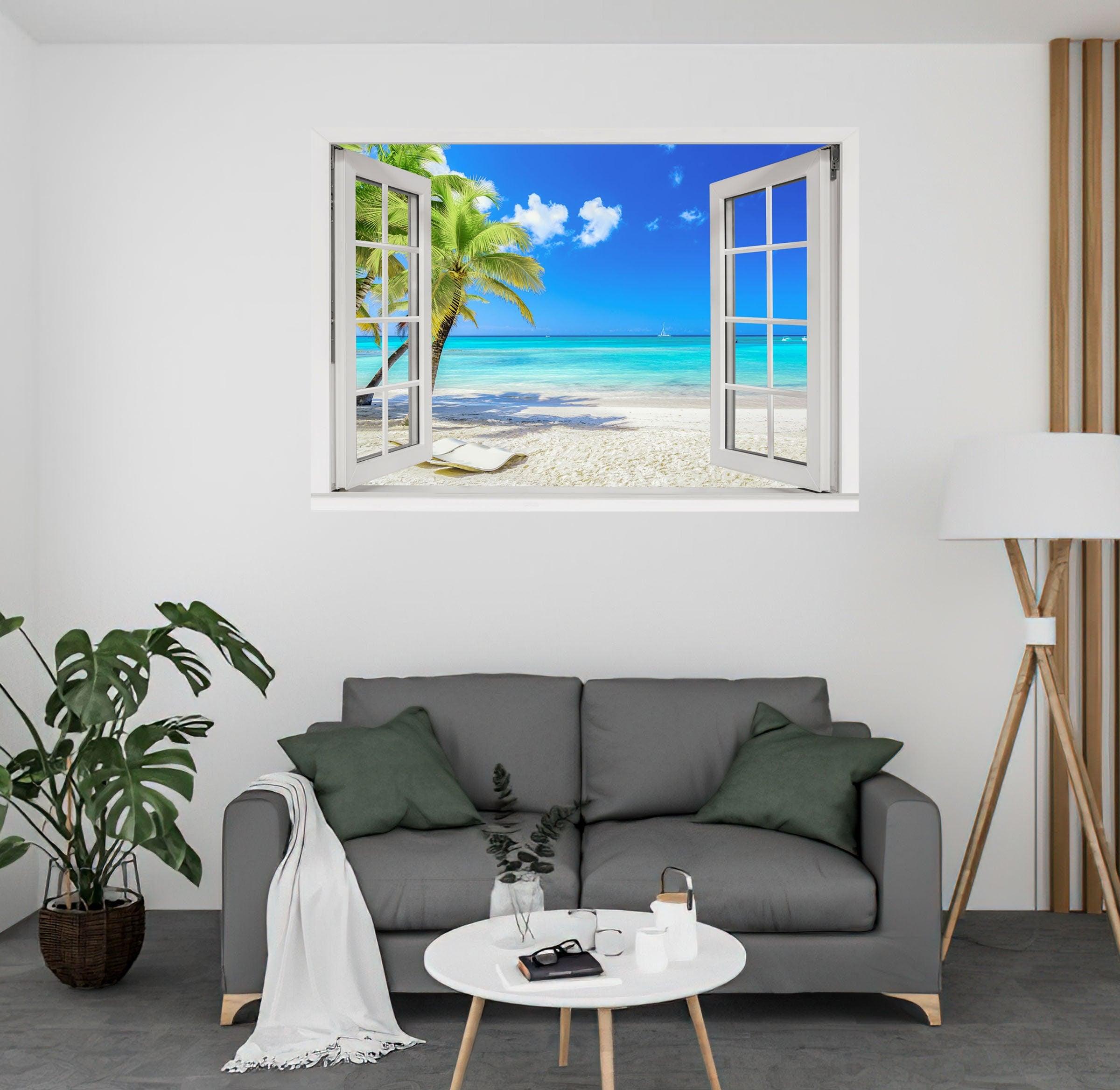Window Scape Tropical #6 Window Decal Sticker Mural Beach Removable Fabric Window Frame Office Bedroom 3D