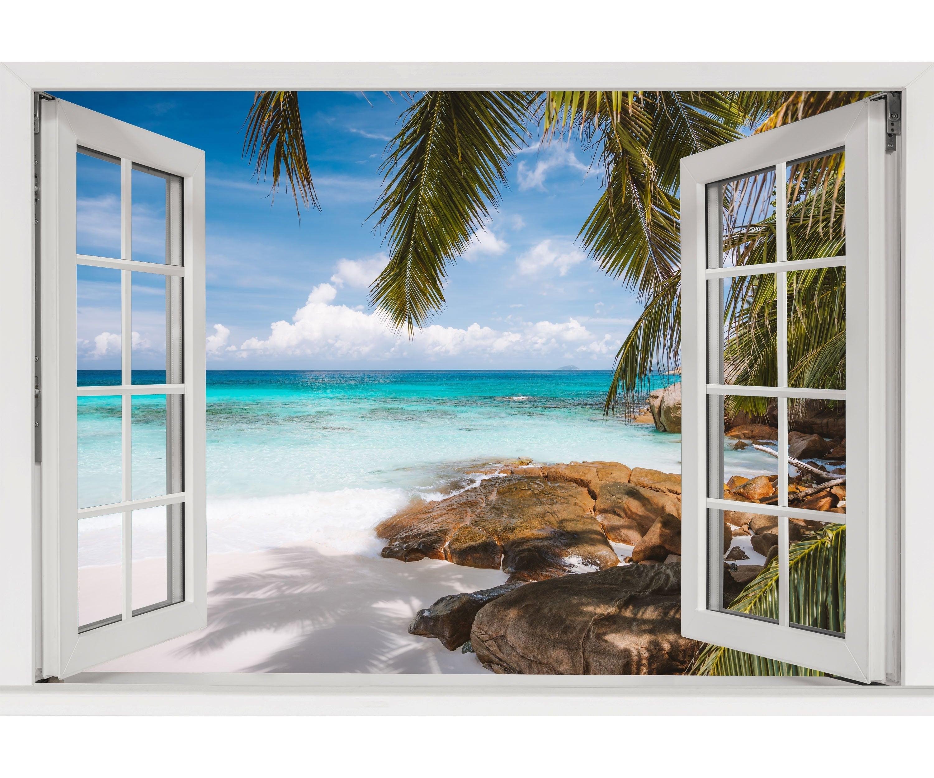 Window Scape Tropical #7 Window Decal Sticker Mural Beach Removable Fabric Window Frame Office Bedroom 3D