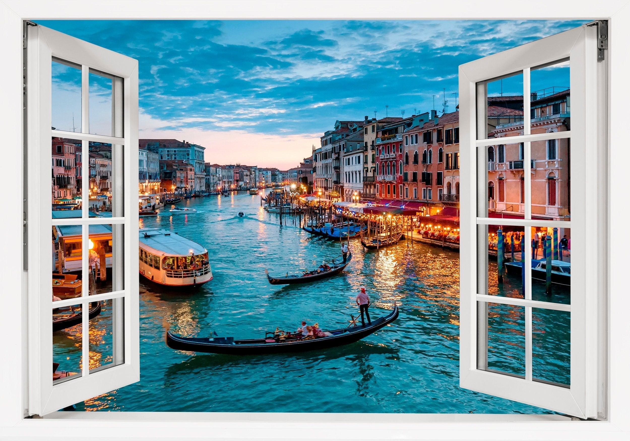 Window Scape Venice and Gondolas #18, Window Decal, Sticker Sunset, Removable, Fabric, Window Frame, Office,Bedroom, 3D