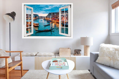 Window Scape Venice and Gondolas #18, Window Decal, Sticker Sunset, Removable, Fabric, Window Frame, Office,Bedroom, 3D