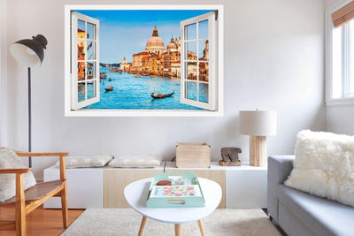 Window Scape Venice Gondola #14 Window Decal Sticker Sunset Lake Removable Fabric Window Frame Office Bedroom 3D