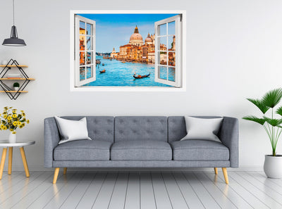 Window Scape Venice Gondola #14 Window Decal Sticker Sunset Lake Removable Fabric Window Frame Office Bedroom 3D