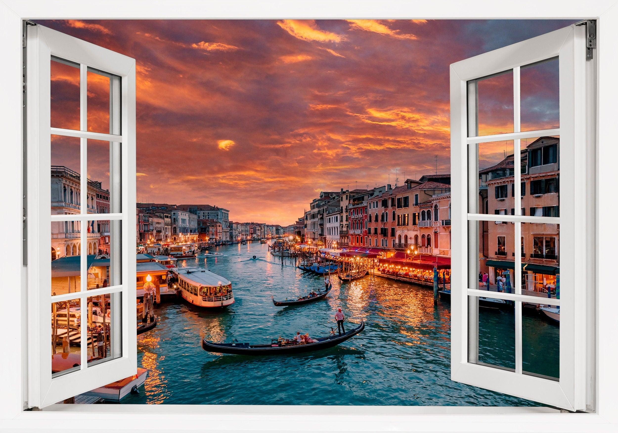 Window Scape Venice Orange Sky & Gondolas #19, Window Decal, Sticker Sunset, Removable, Fabric, Window Frame, Office,Bedroom, 3D