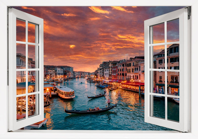 Window Scape Venice Orange Sky & Gondolas 