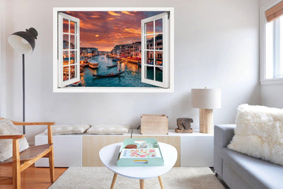 Window Scape Venice Orange Sky & Gondolas #19, Window Decal, Sticker Sunset, Removable, Fabric, Window Frame, Office,Bedroom, 3D