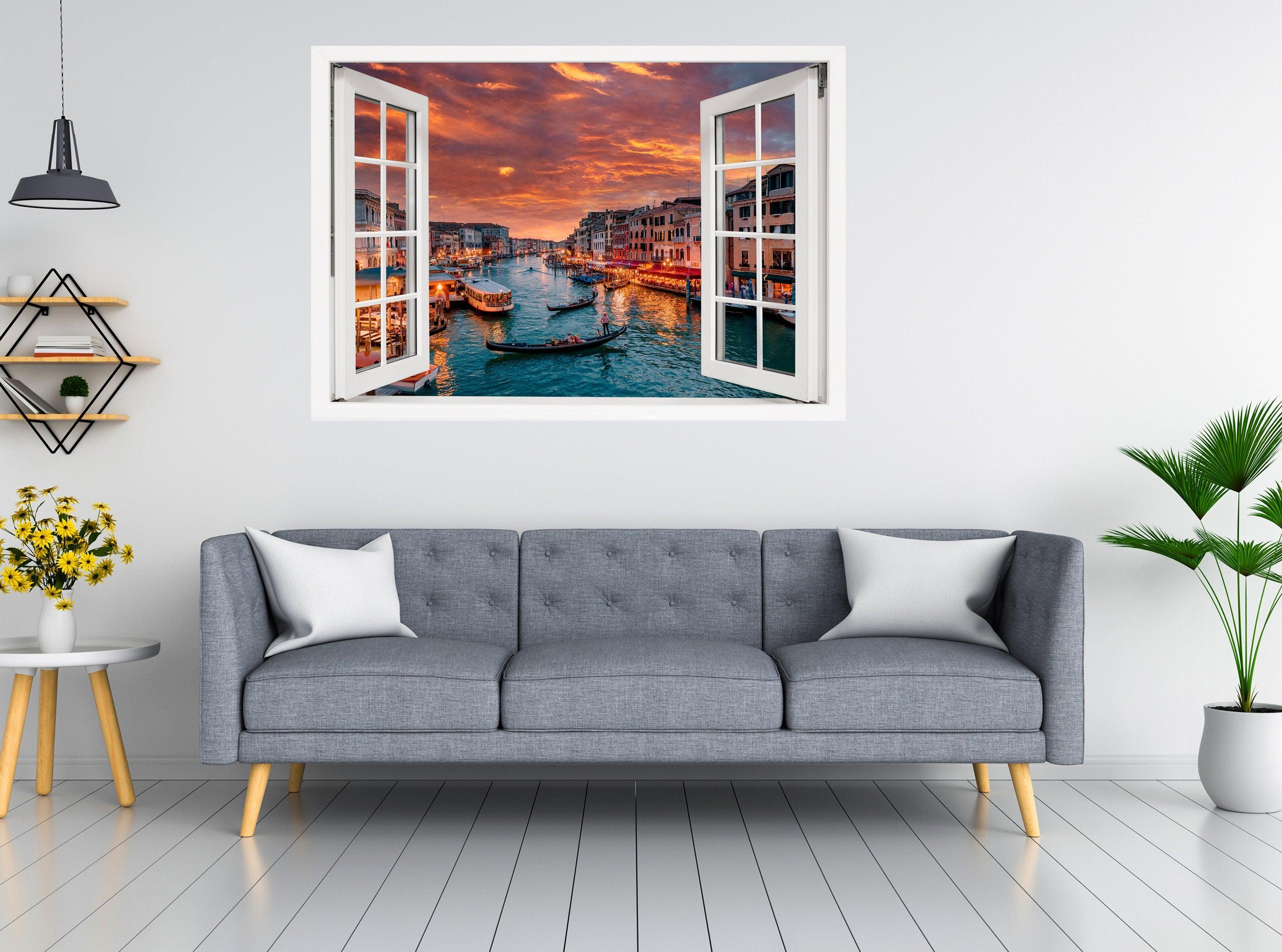 Window Scape Venice Orange Sky & Gondolas #19, Window Decal, Sticker  Sunset, Removable, Fabric, Window Frame, Office,Bedroom, 3D