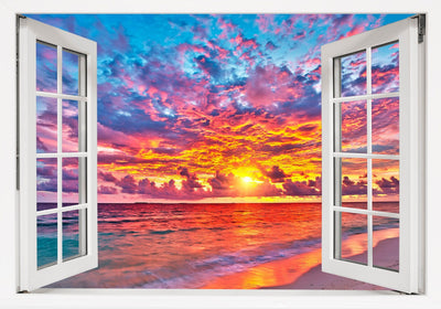 Window Scape Vibrant Beach Sunset #15b Window Decal Sticker Sunset Lake Removable Fabric Window Frame Office Bedroom 3D