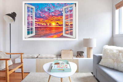 Window Scape Vibrant Beach Sunset #15b Window Decal Sticker Sunset Lake Removable Fabric Window Frame Office Bedroom 3D