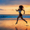 Woman running on beach waves and sunset