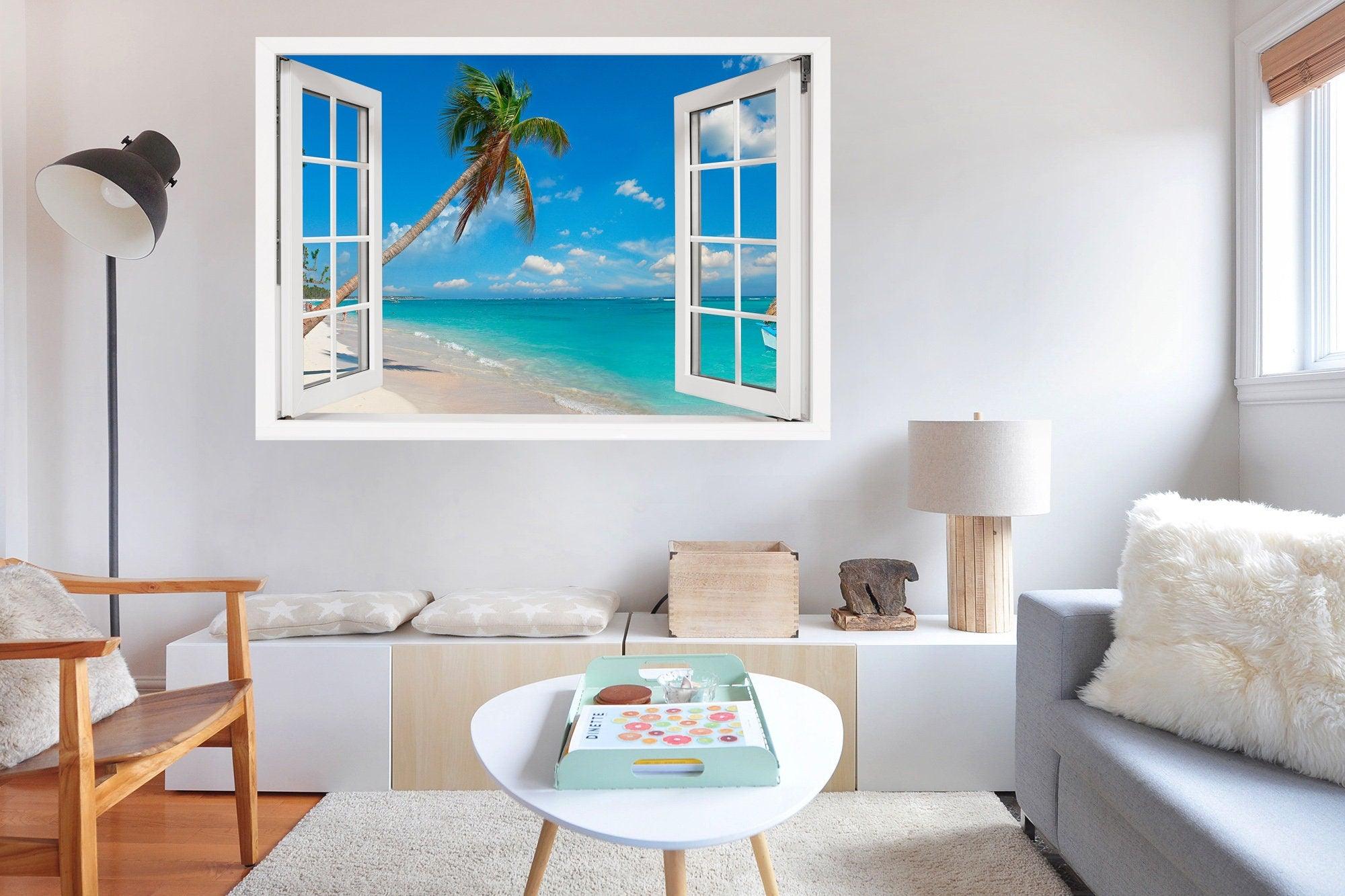 Window Scape Palm Tree over Beach and blue water #20, Window Decal, Sticker Sunset, Removable, Fabric, Window Frame, Office,Bedroom, 3D