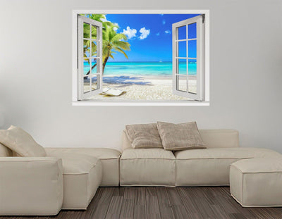 Window Scape Tropical #6 Window Decal Sticker Mural Beach Removable Fabric Window Frame Office Bedroom 3D